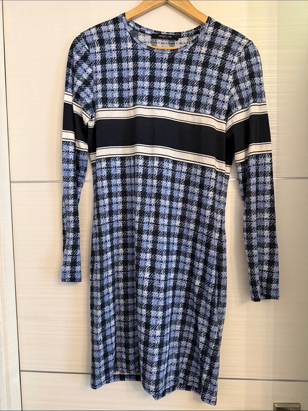 Derek Lam Blue and Black Plaid Midi Dress with Ivory Stripes